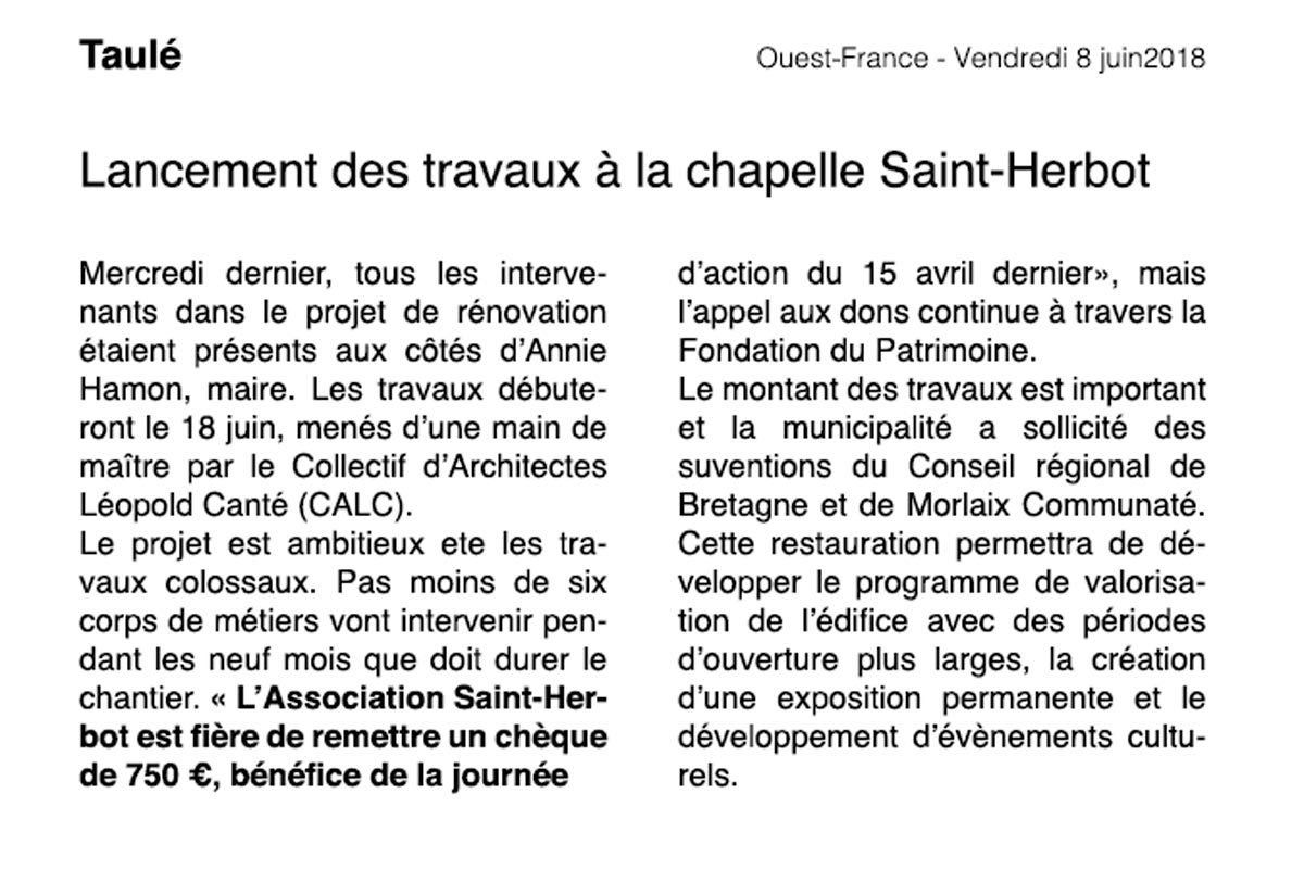 rénovation chapelle saint-herbot taule article ouest-france
