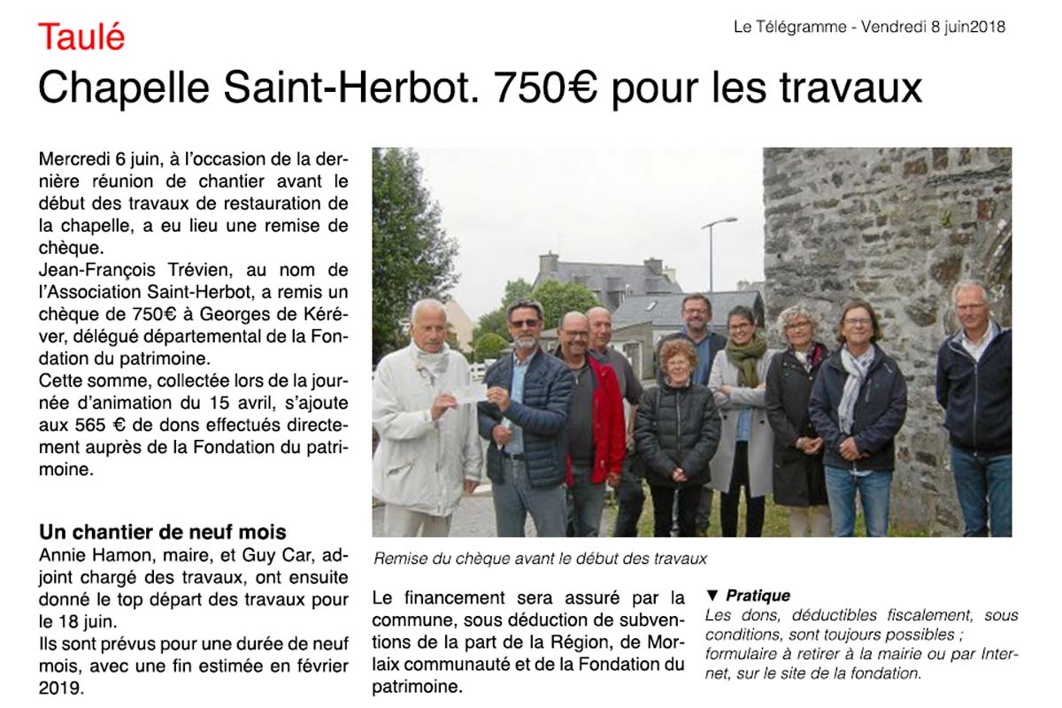 rénovation chapelle saint-herbot taule article le télégramme